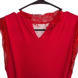 Red Ribbed Knit Lace Trim Sleeveless Top Blouse XS